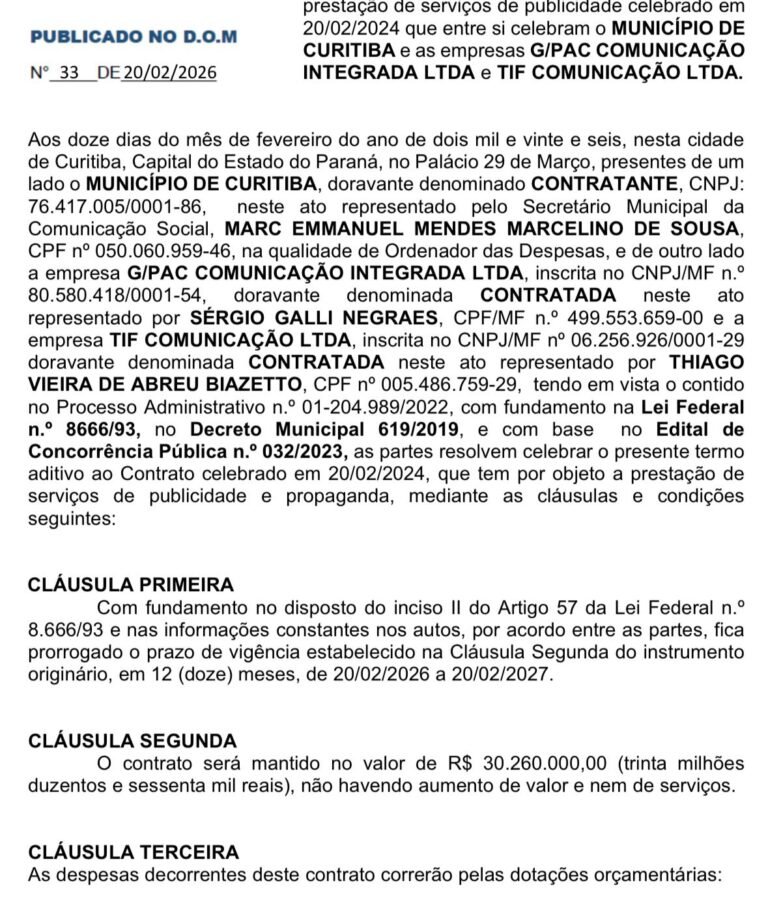 Prefeitura de Curitiba prorroga contrato de R$ 30 milhões em ...